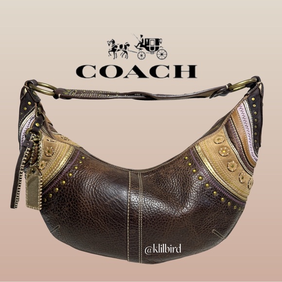 Coach Soho LRG Rivet Whipstitch Leather Hobo Bag Brown Boho Shoulder Purse 10478 - Picture 1 of 17